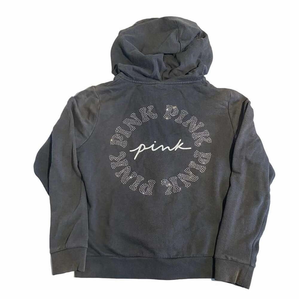 Victoria's Secret Pink Zip Up Hoodie Size M Black Bling Logo Rhinestone